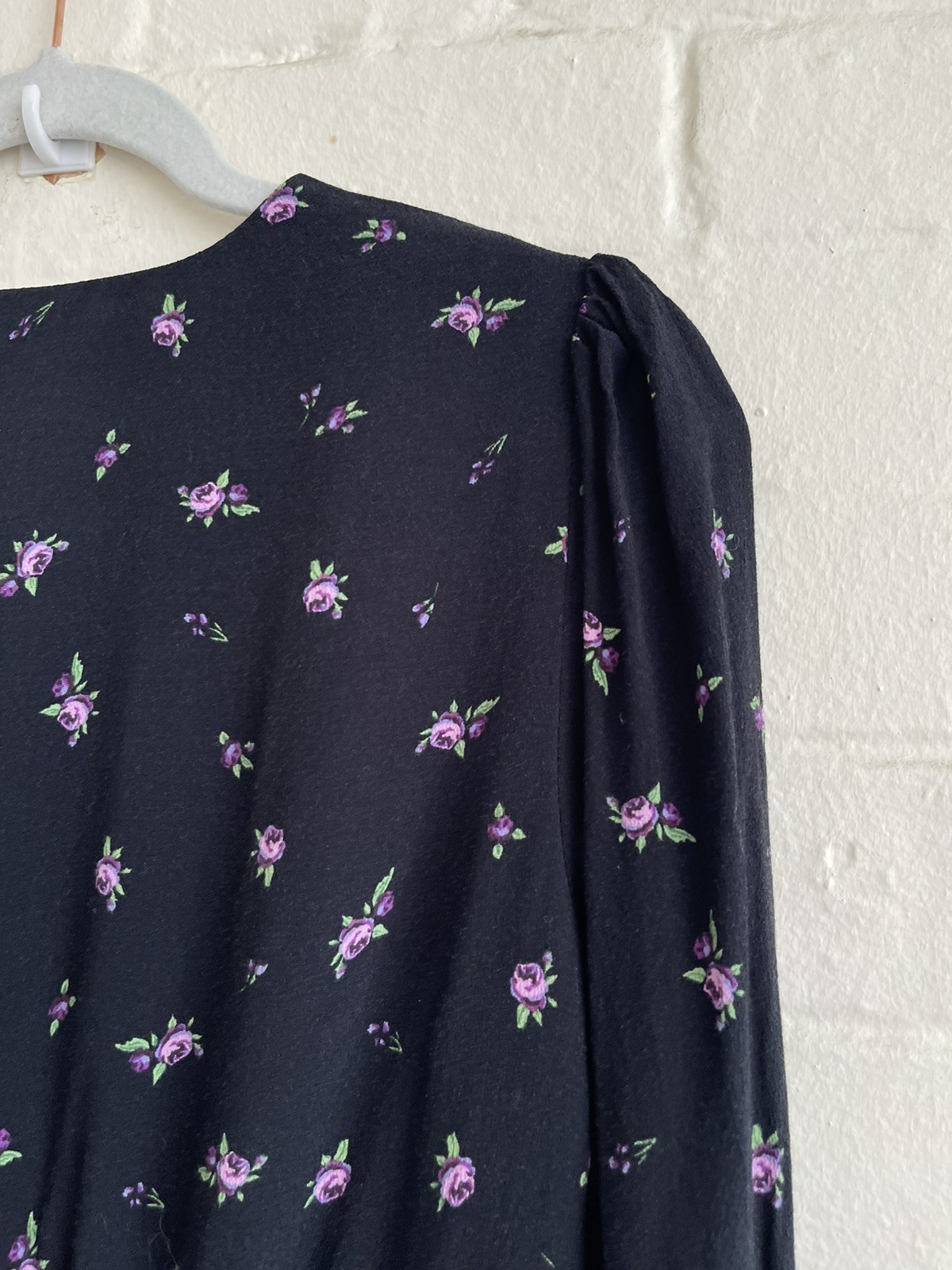 Mango MNG Black & Purple Floral Midi Dress M 3/4 Sleeve Viscose Dress Women’s