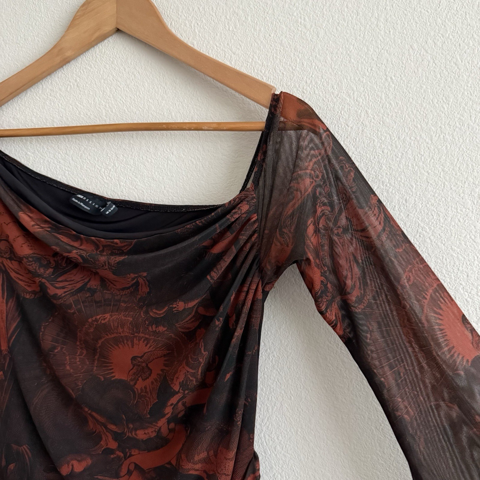 ASOS Off The Shoulder Mesh Mini Dress Womens 12 Brown Print Clubwear Party Sexy