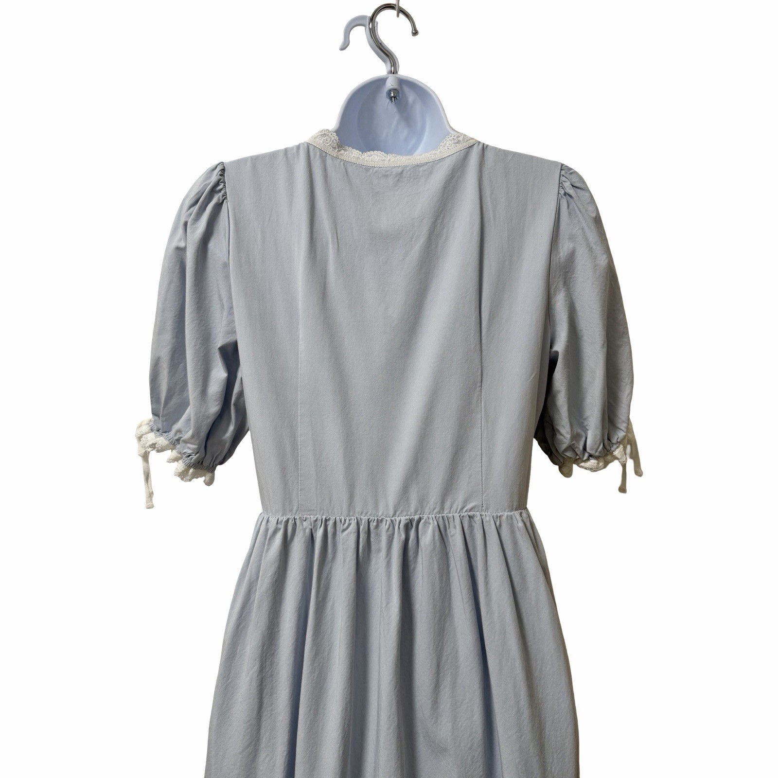 Bohme Romy Lace Trim Milkmaid Button Front Bow Midi Dress Size M Blue Cottage