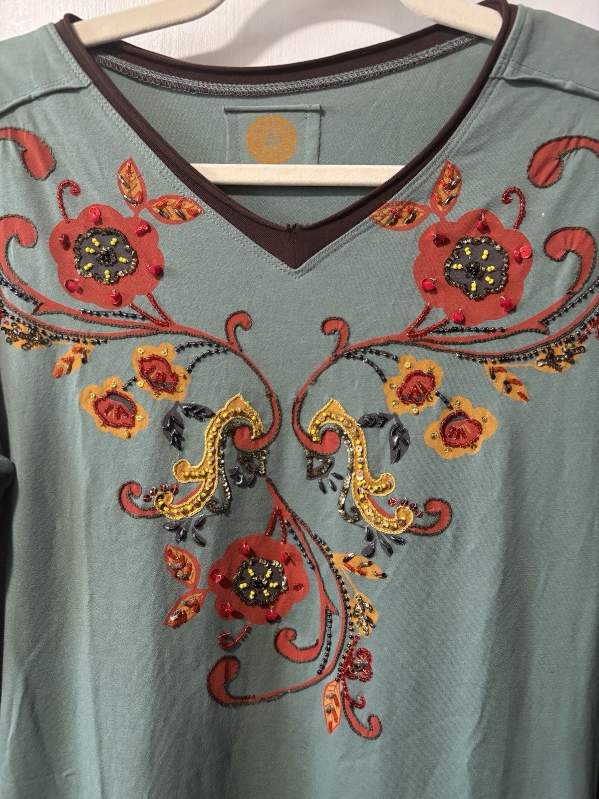 Double D Ranch Tunic Dress Embroidered Beaded Floral Long Sleeve V Neck Size S
