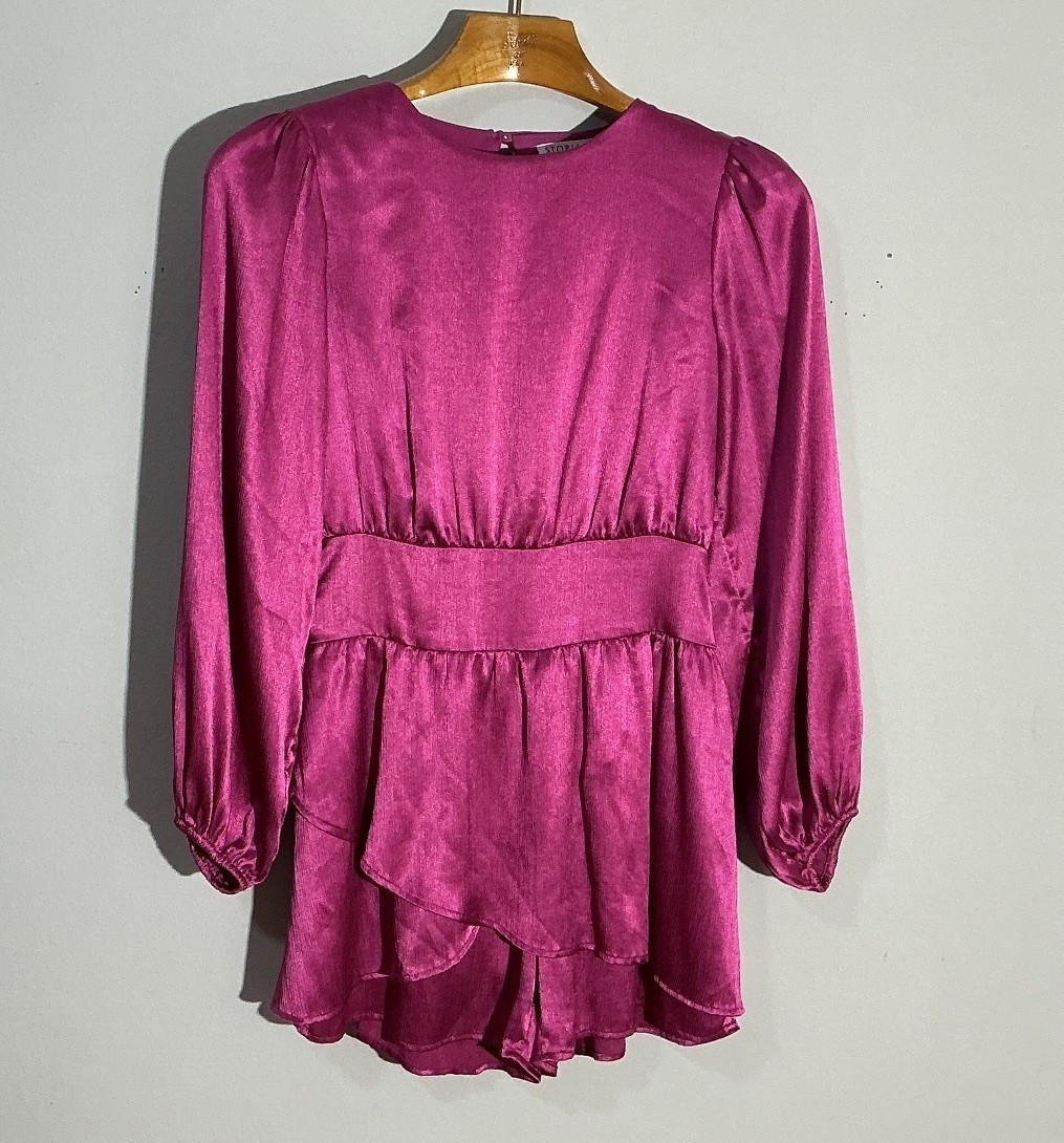 Storia Satin Layered Tier Romper in Fuchsia, Size M