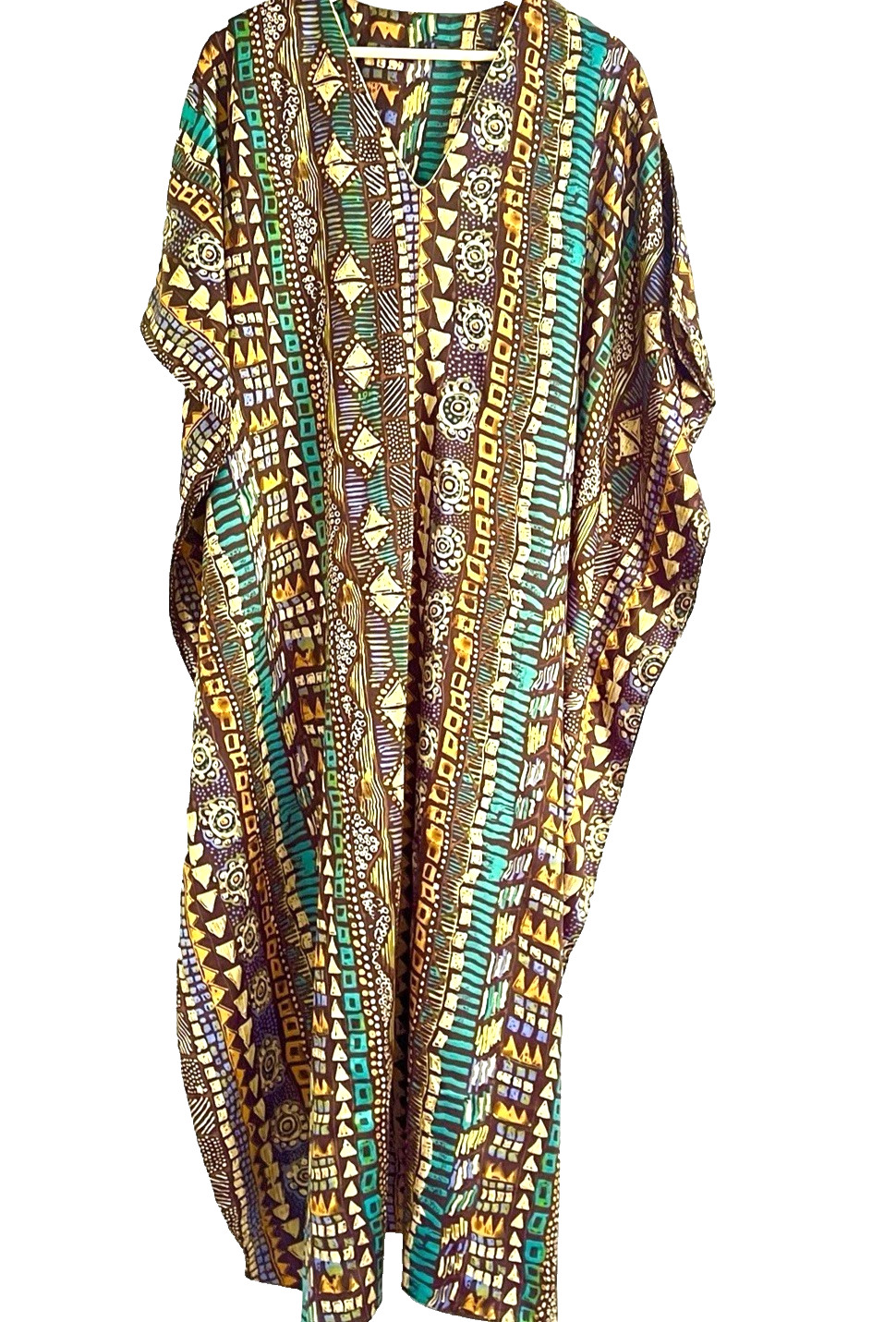 70s Caftan Vibrant Abstract Print Boho Resort Statement Maxi Dress M Turquoise
