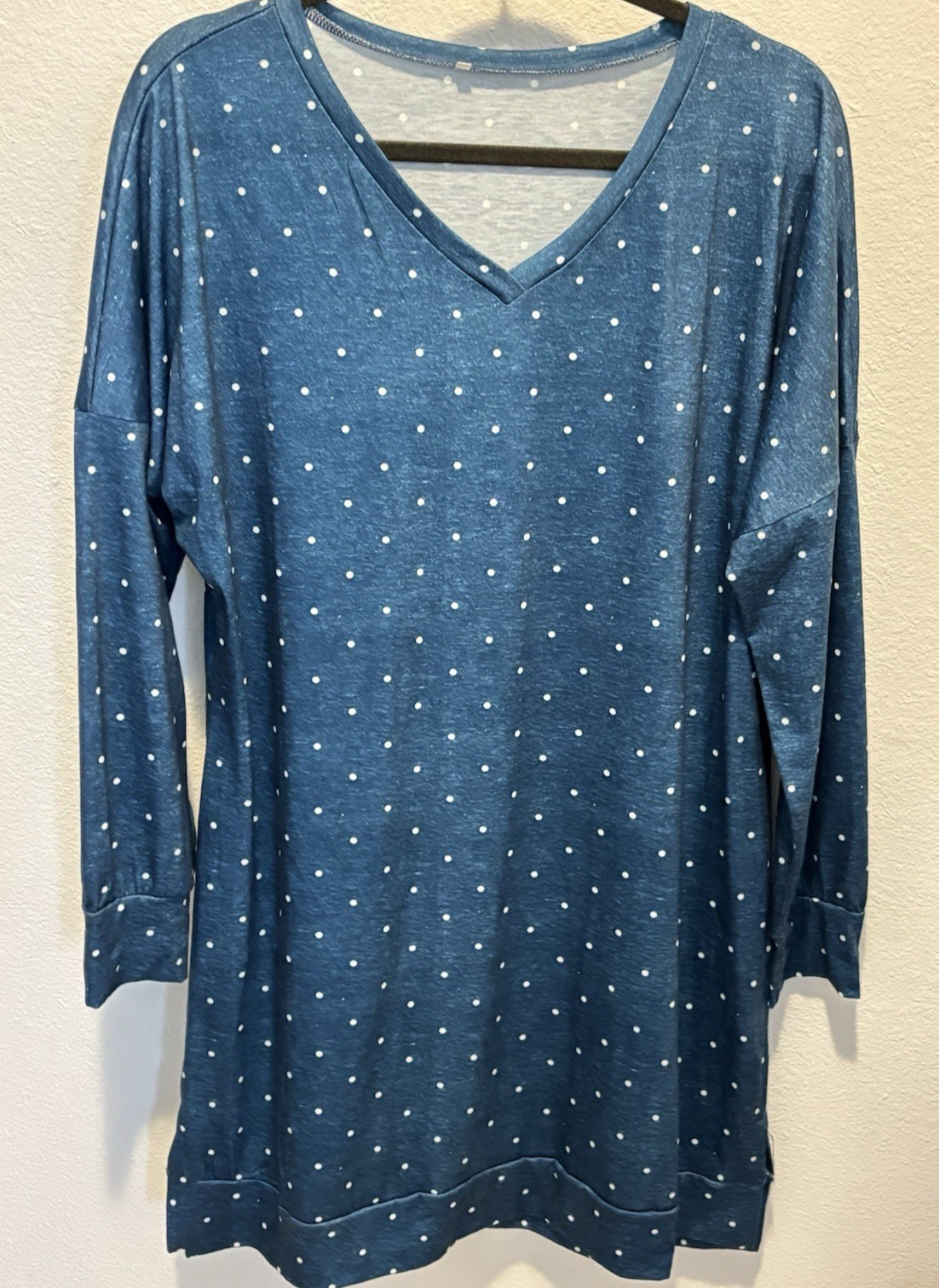 Blue w/White Polka Dot Long Sleeve V-Neck Dress Drop Shoulder Size XL