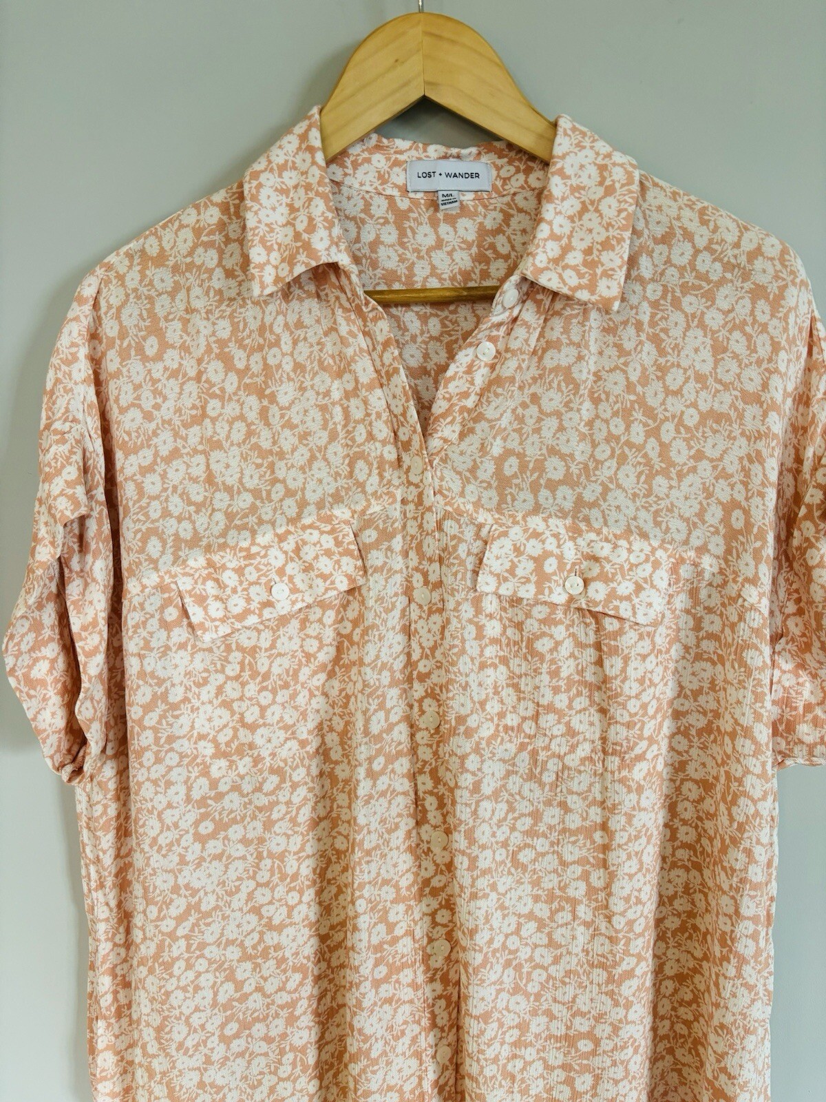 Lost And Wander Peach Floral Button Front Dress Size M/L Oversized Flowy Comfort