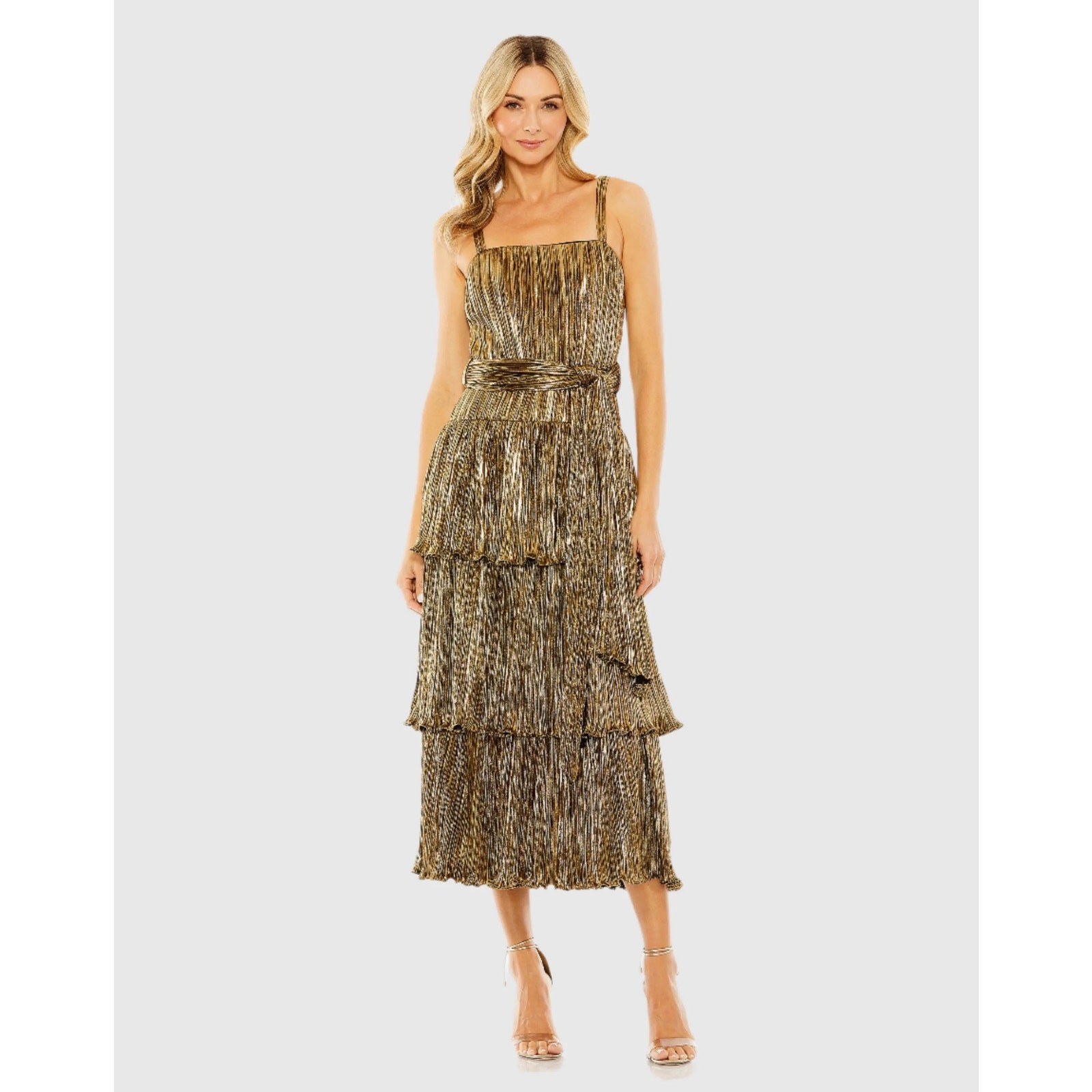 Mac Duggal NWT Ruffle Tiered Buckle Detail Dress in Antique Gold Size 4