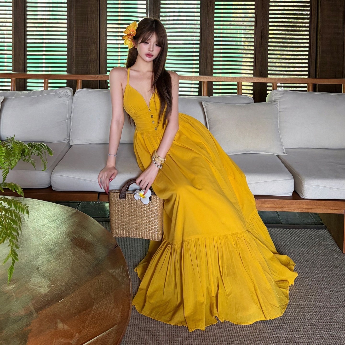 Women’s Yellow Maxi Dress V-Neck Backless Lace-Up Sleeveless High Waist