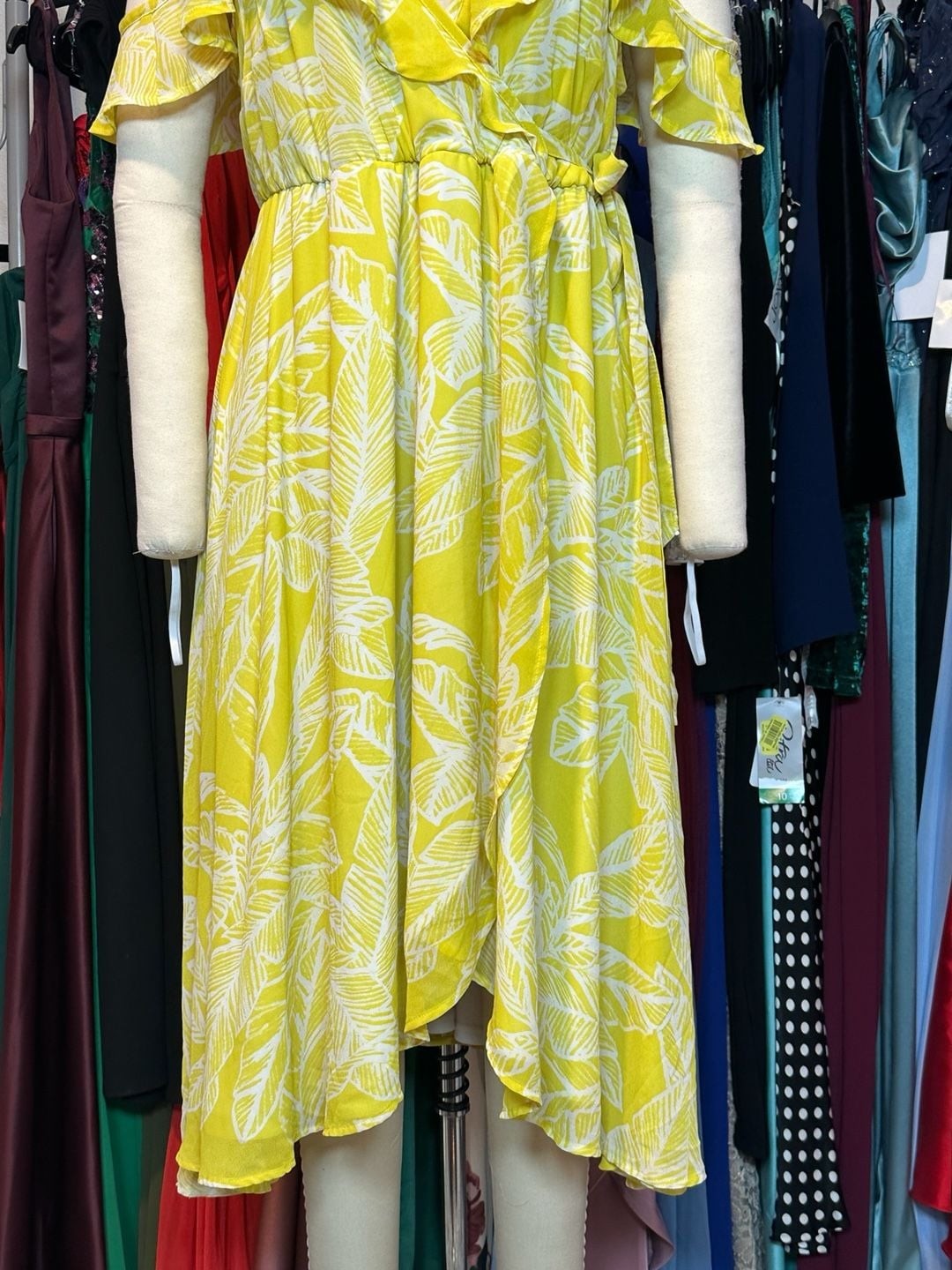 Torrid Yellow Leaf Print Chiffon Cold Shoulder Wrap Midi Dress