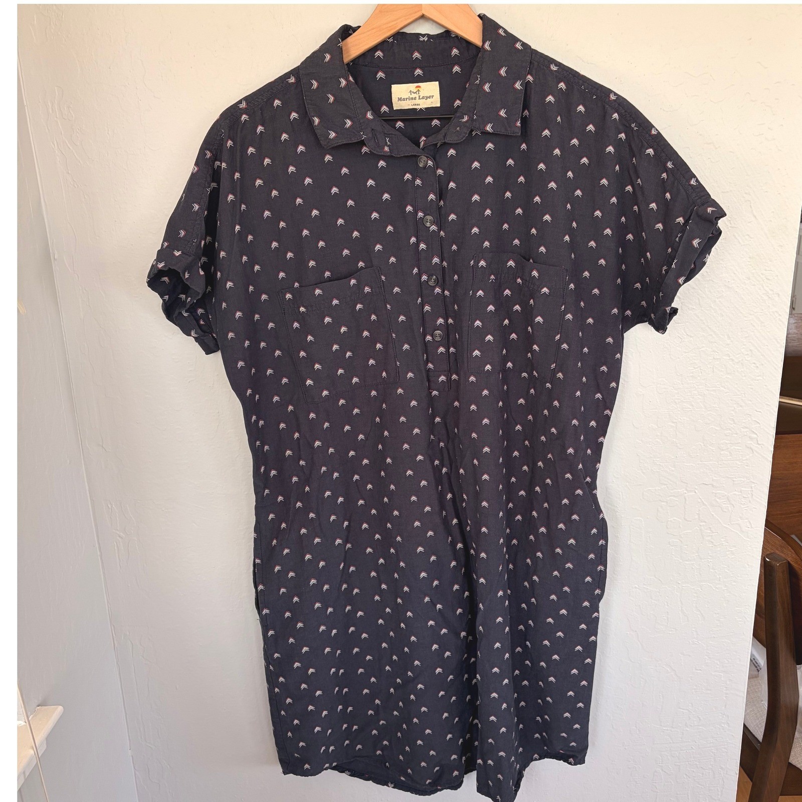 Marine Layer Shirt Dress Large Navy Blue 100% Cotton Chevron Print Roll Tab
