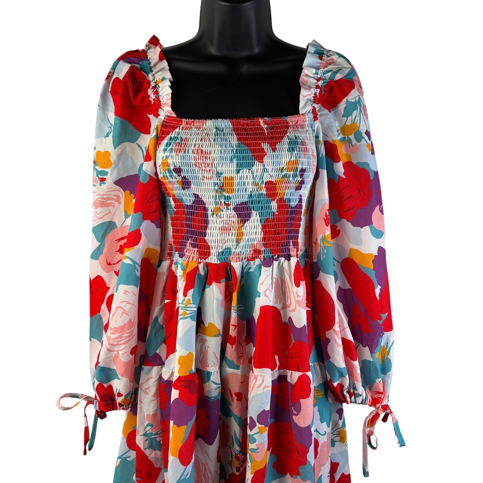 SundayUp Womens Floral Smocked Maxi Dress Long Puff Sleeve Tiered Multicolor LG