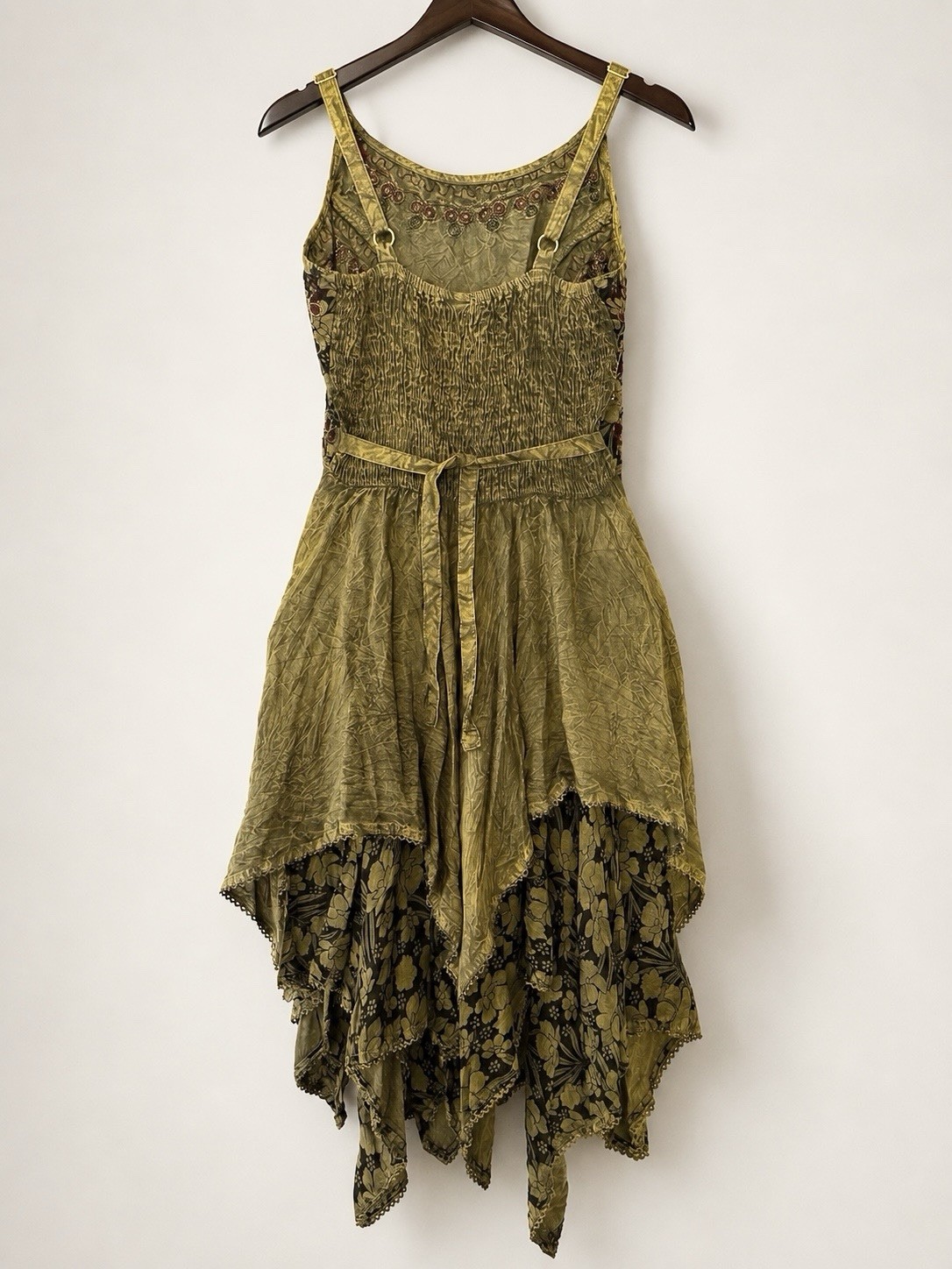 Boho Handkerchief Hem Pixie Dress Embroidered Corset Front Multi Layers NWT