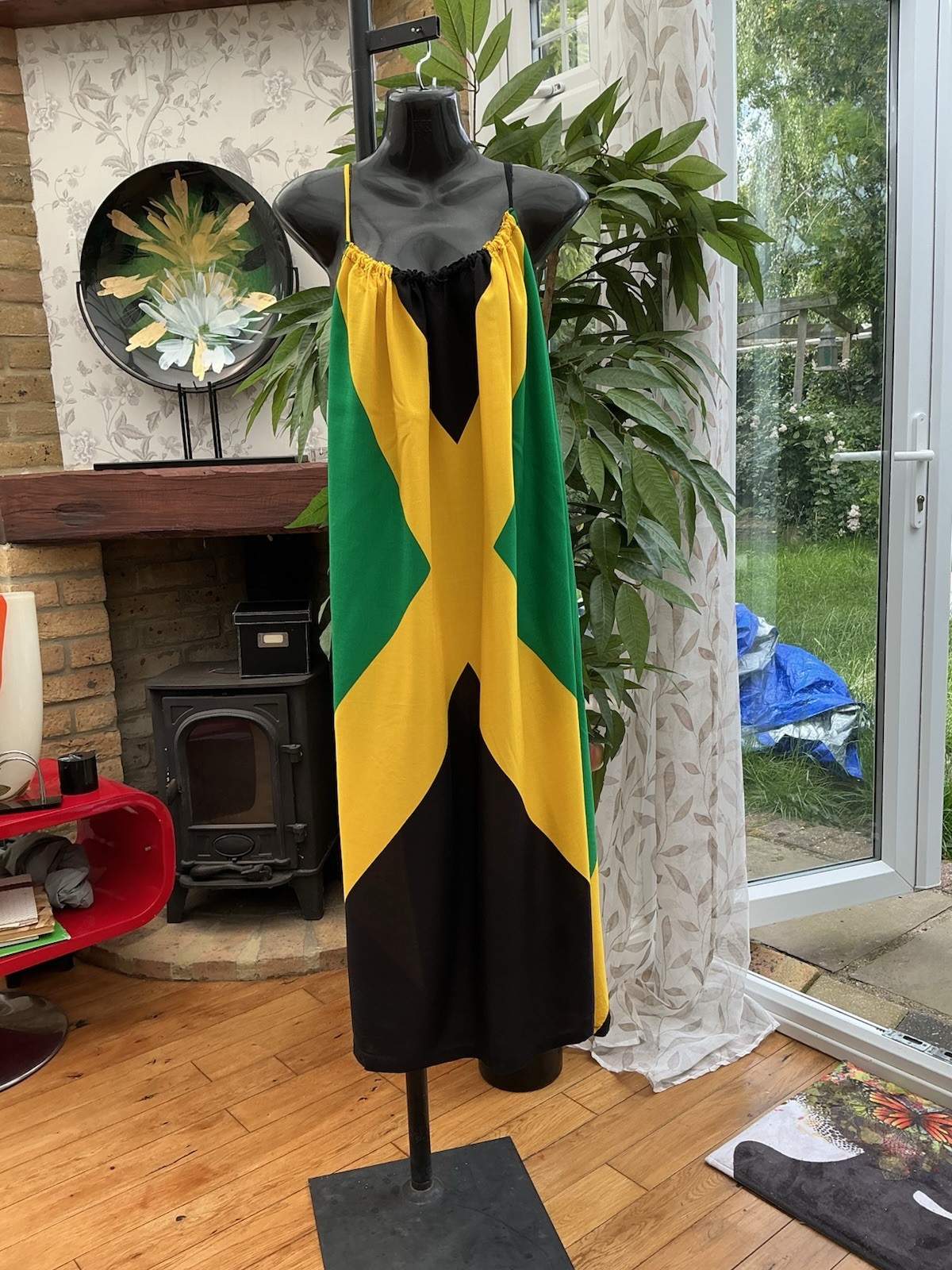 HANDMADE…JAMAICAN FLAG PRINT SMOCK DRESS…SIZE, 12-16