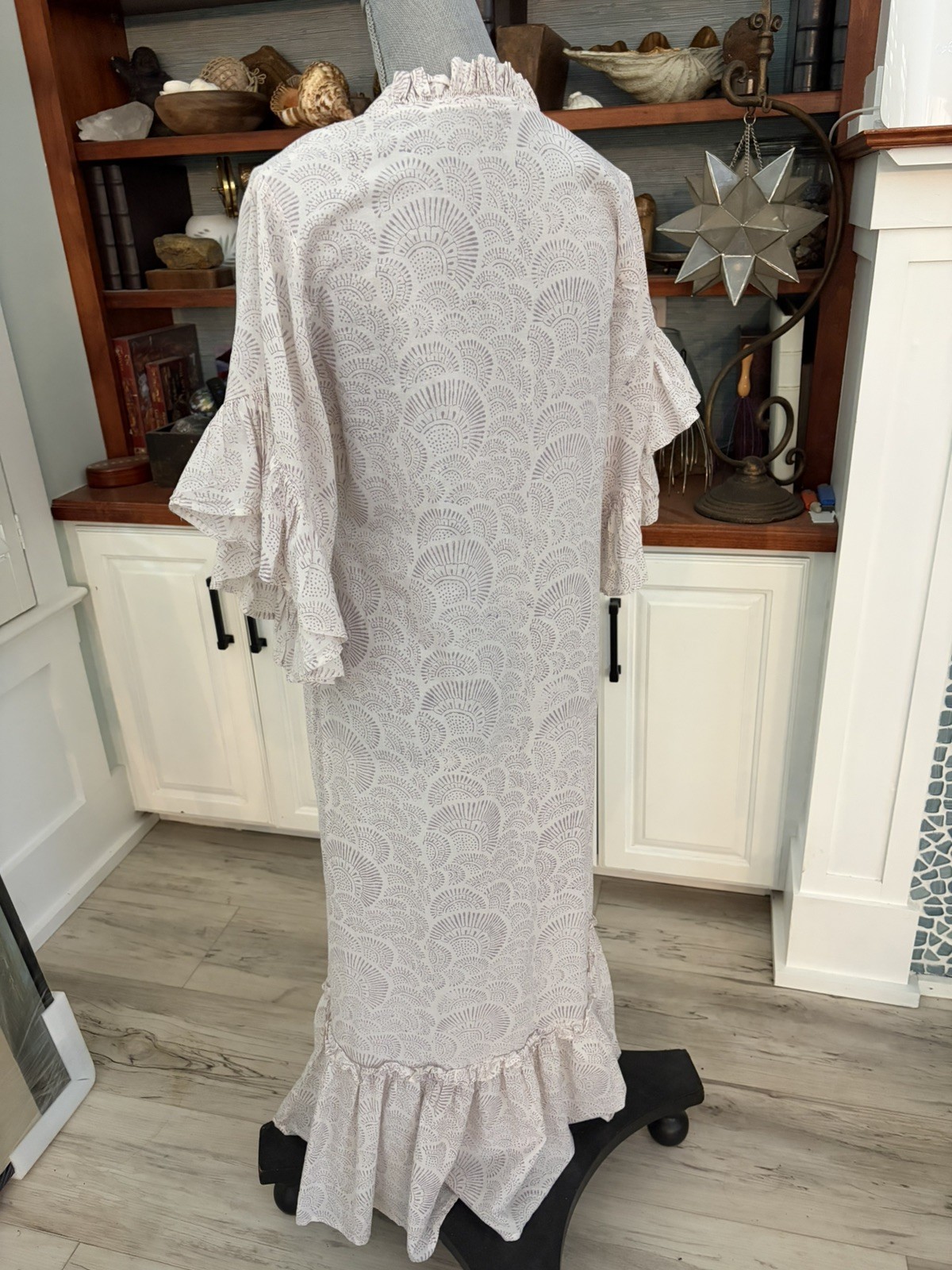 Fitzroy & Willa white pattern Block Print Cotton Ruffle Maxi Dress M 100% Cotton