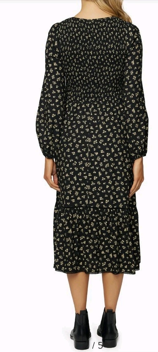 Lost + Wander Twilight DreamsDress Black Floral Smocked Long Sleeve Midi Boho S