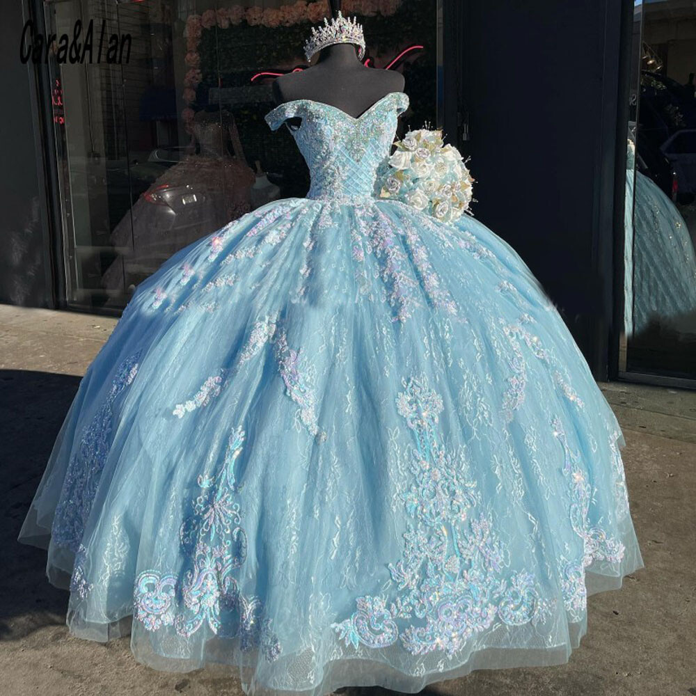 Light Blue Sequin Lace Quinceanera Ball Gown Sparkly Tulle Sweet 16 Dress