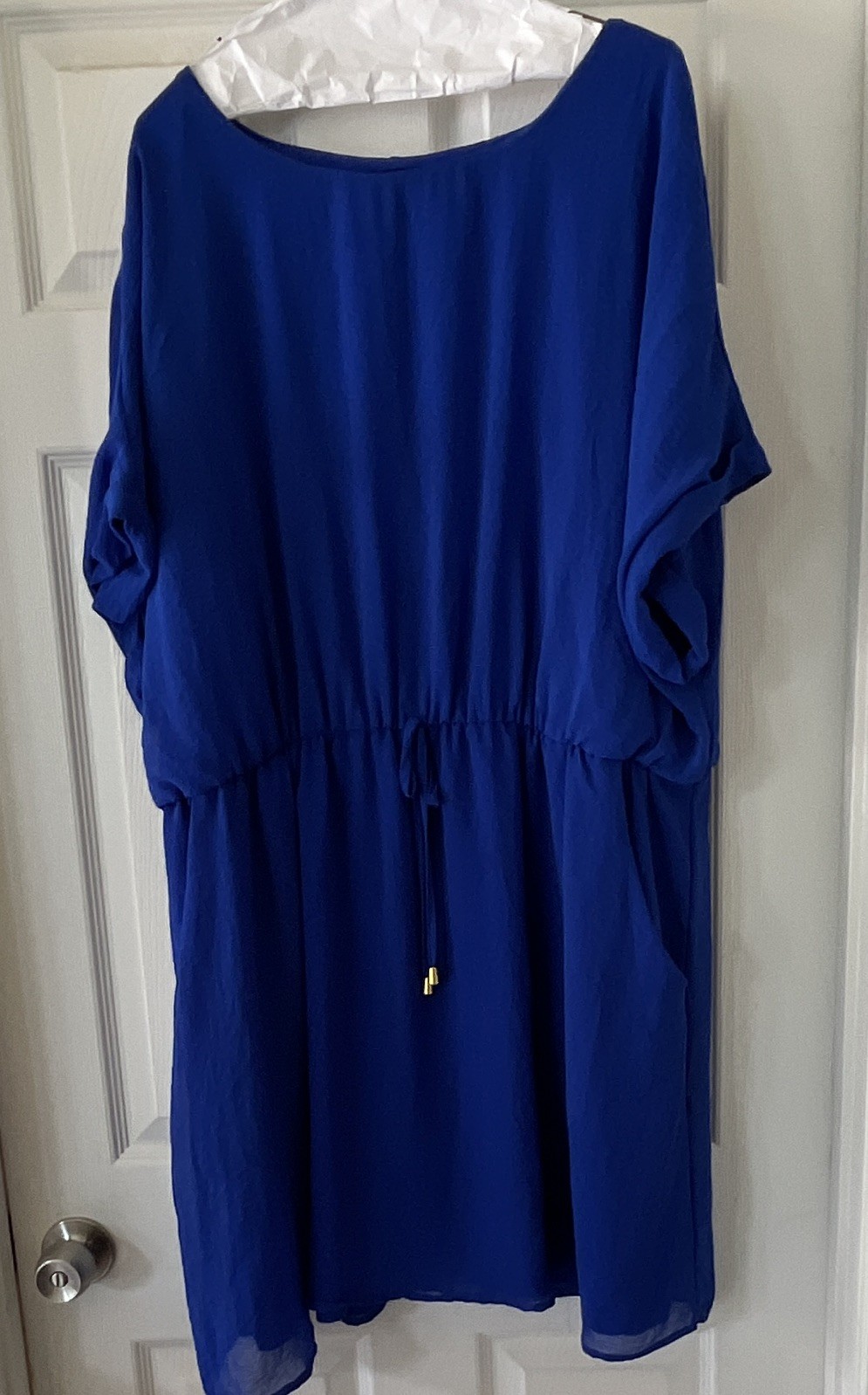 Tacera Royal Blue Boat Neck Drawstring Waist Chiffon Dress with Pockets Plus 3X