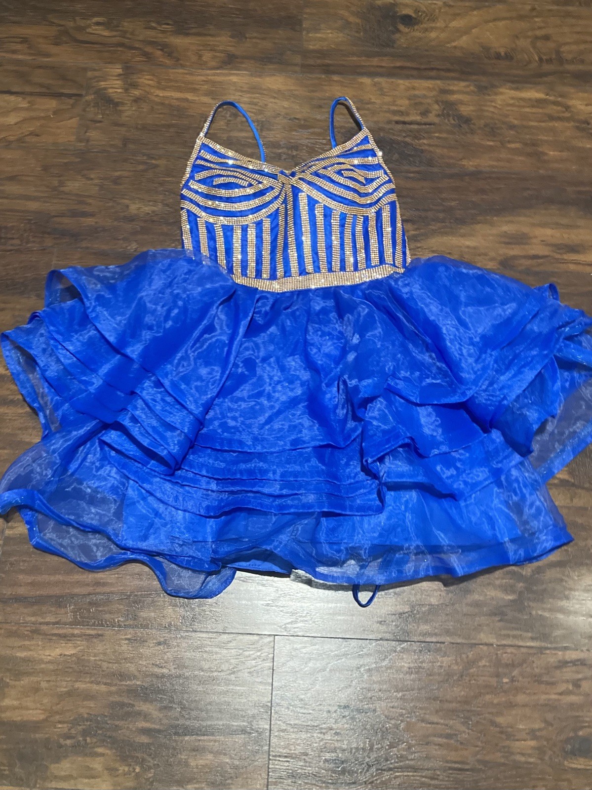 Dress S Blue Gold Striped Tulle Sequin V-Neck Lace Up Fit & Flare