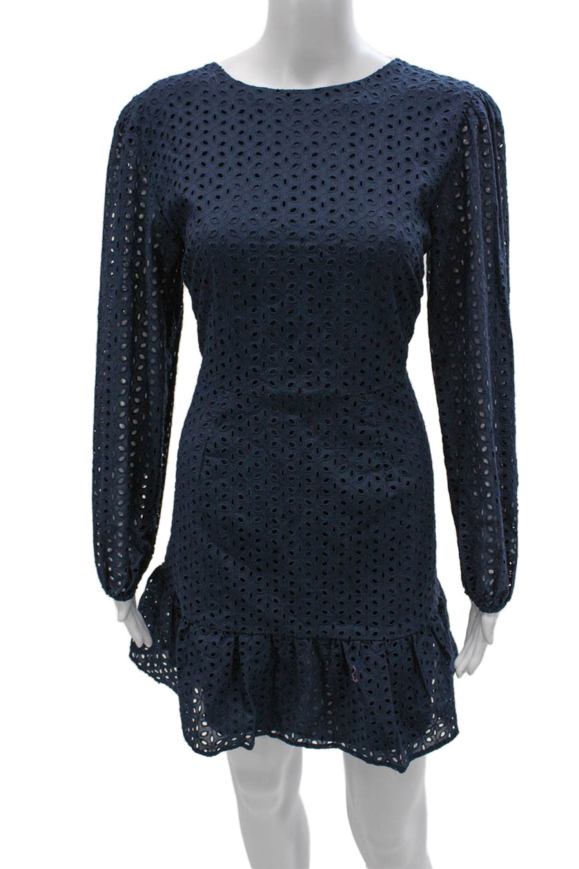 Never A Wallflower Womens Blue Eyelet Cotton Long Sleeve Knee Dress Size S