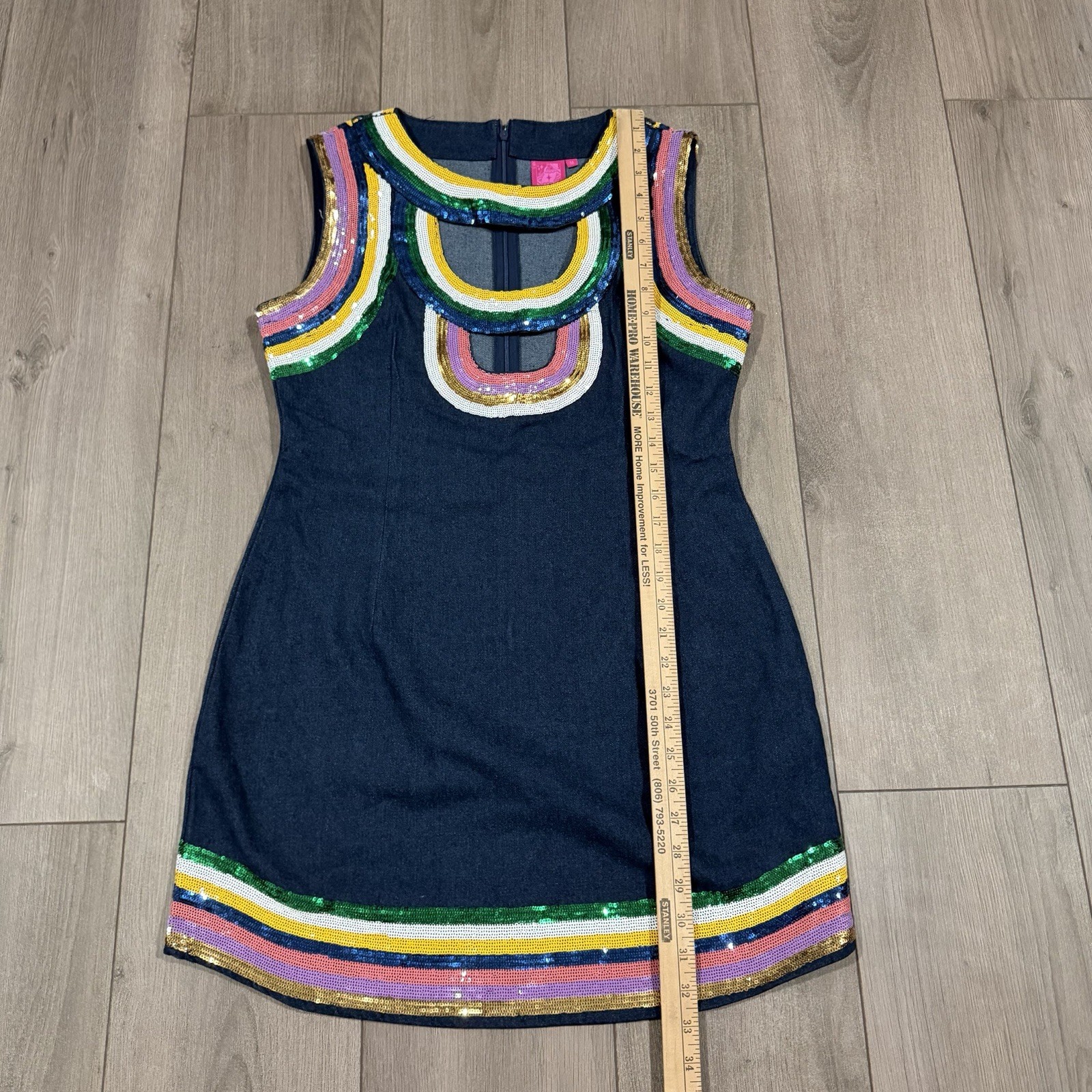 Queen Of Sparkles Rainbow Sequin Trim Denim Cut Out Dress Med Retro Skating