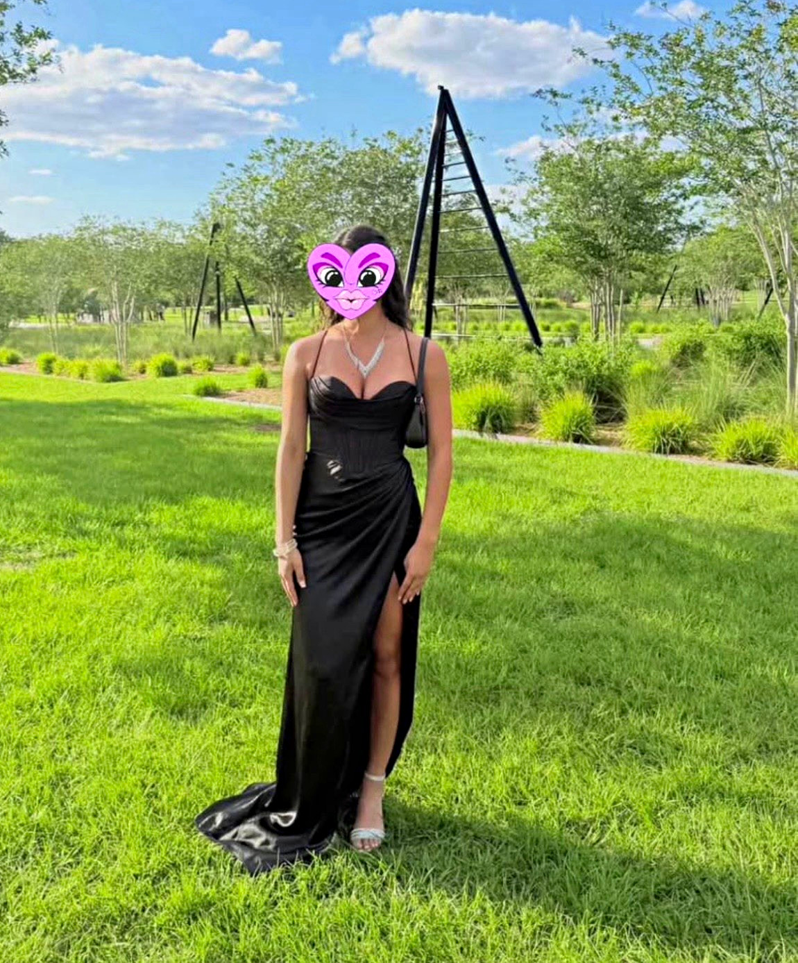 Women’s Black Satin Sweetheart Corset Strappy Long Bodycon Dress Side Slit 2
