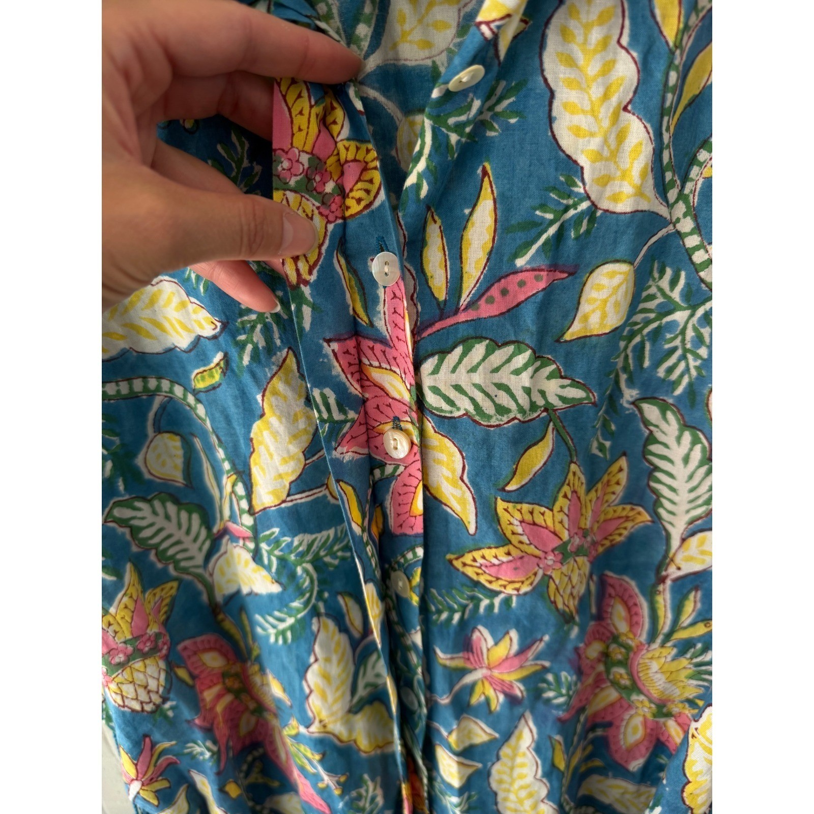 Fitzroy & Willa Blue Tropical Floral Cotton Shirt Dress XS Belted Short Sleeve
