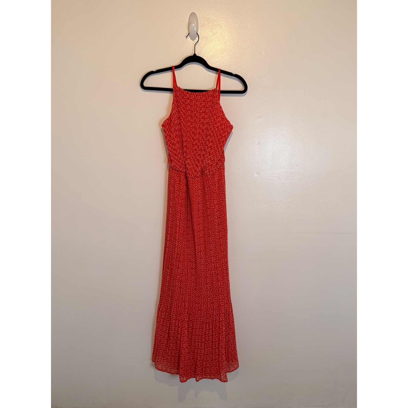 She + Sky Red Floral Pleated Maxi Dress Reverse Halter Elastic Waist Large
