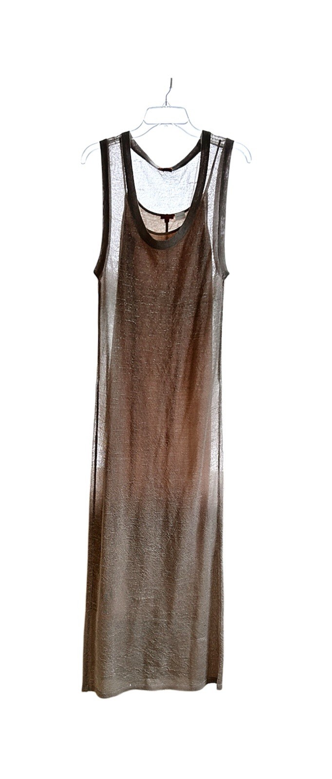 Chan Luu Slip Dress With Sheer Metallic Threaded Tank Overlay In Taupe Size M