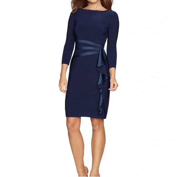 AMERICAN LIVING Boat Neck Satin Cascading Ruffle 3/4 Sleeve Sheath Dress, 2 Navy