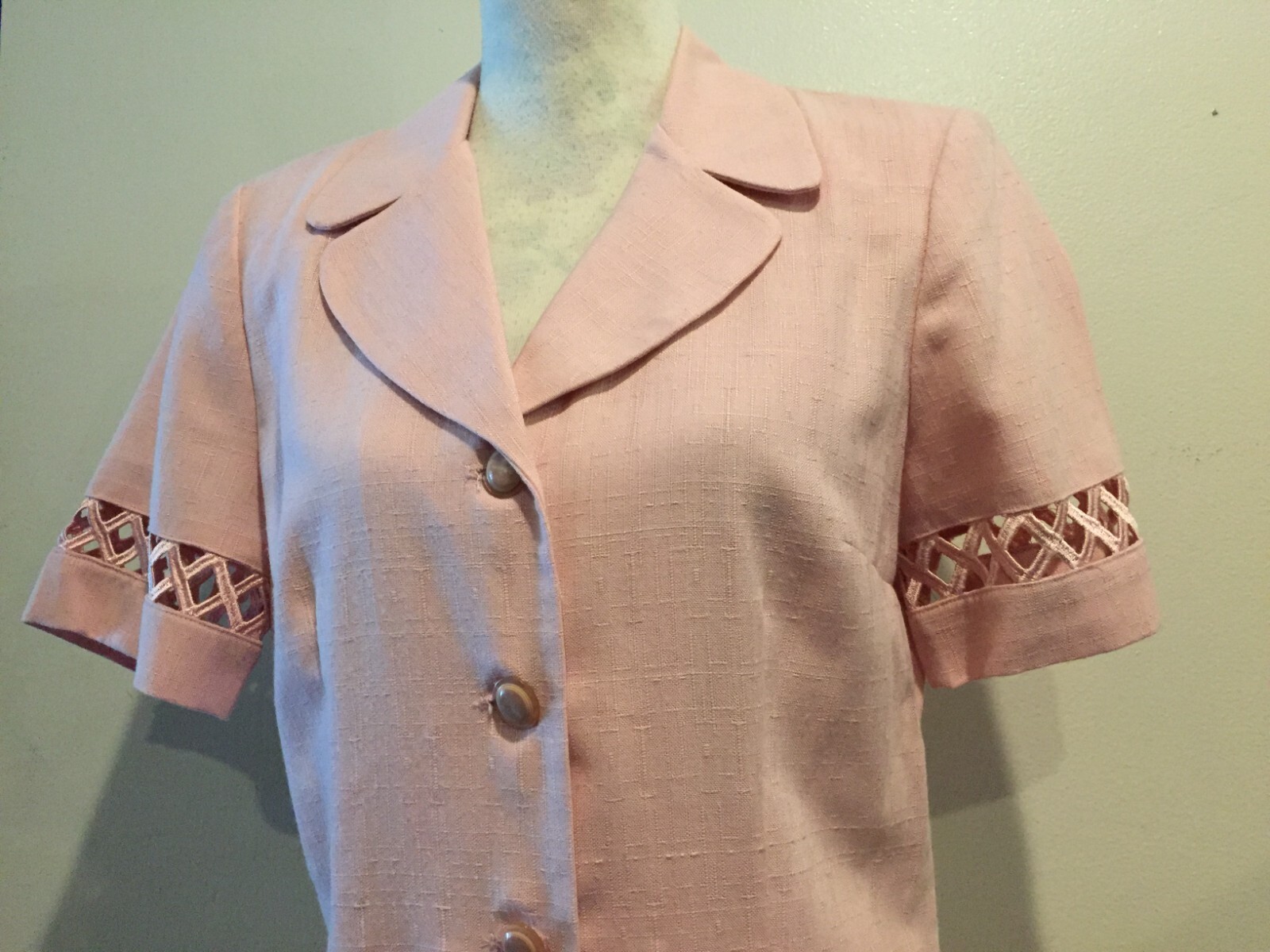 Leslie Fay Button-down Dresses, SZ 10 Pink, Open X-trim on sleeves & Hem Vintage