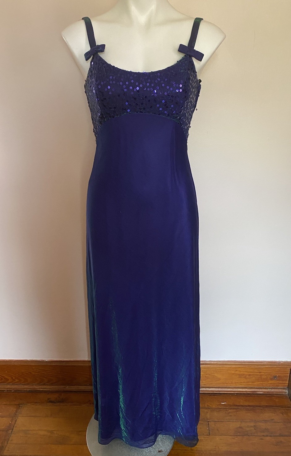 VTG Linda Bernell Blondie Fairy Mesh Purple W/ Green Sheen Gown Sequin Dress 7/8