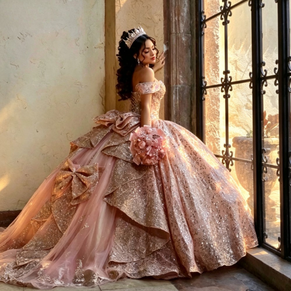 Champagne Rose Gold Quinceanera Dresses Sparkly Lace Ball Gown Bow Back Sweet 16