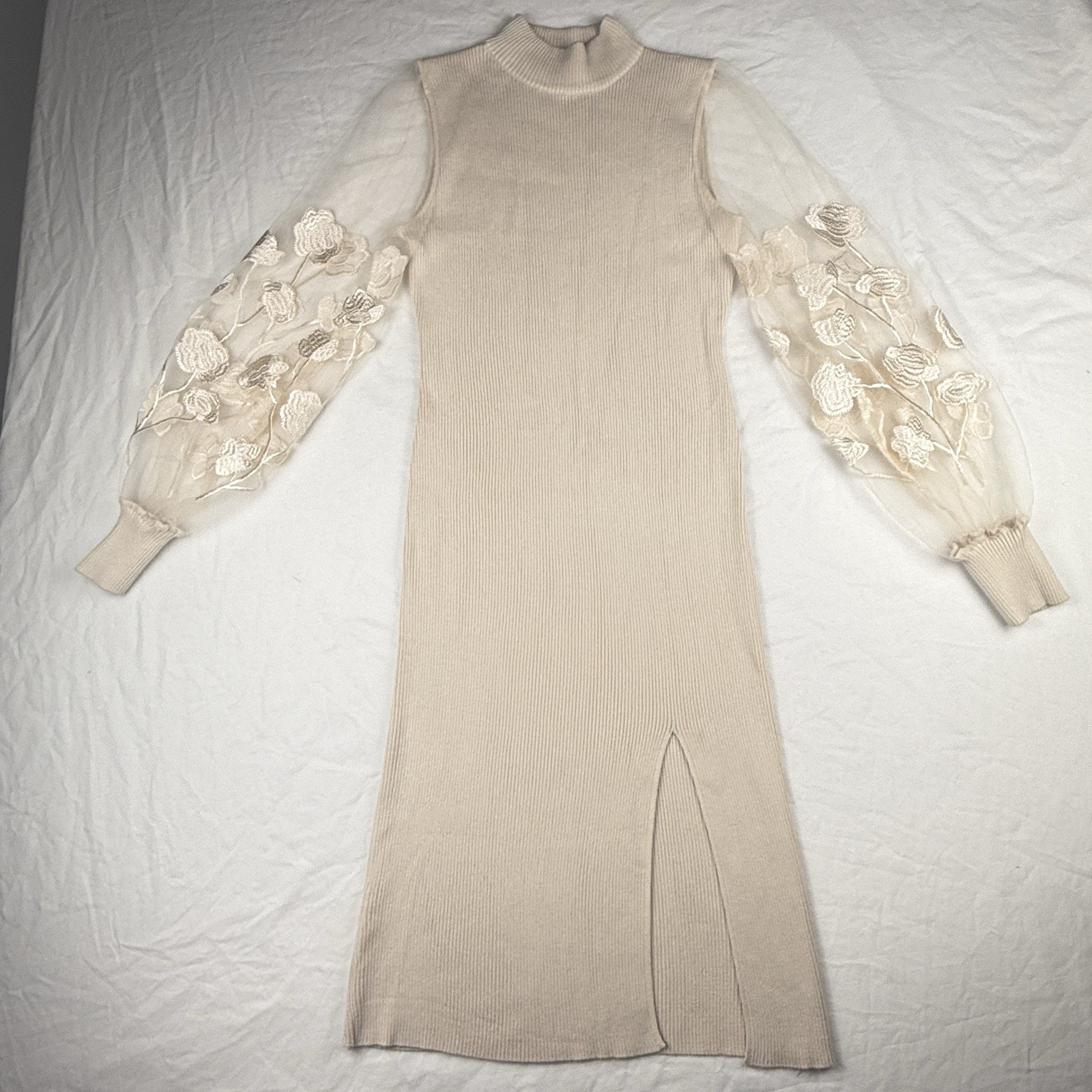 Madden Girl Large Beige Ribbed Knit Sheath Dress Slit Stretch Floral Lace Sleeve