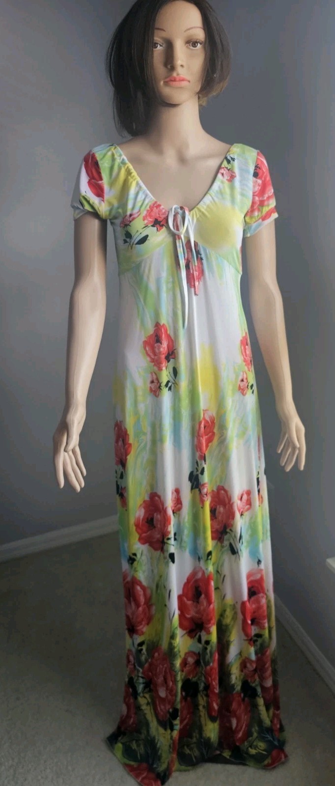 Women’s XS Floral Maxi Dress Empire Waist Scoop Neck Short Sleeve Boho…