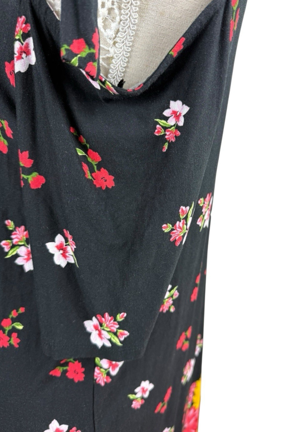 Black Floral Summer Dress Cold Shoulder Sleeve Knee Length Women’s UK Size 14