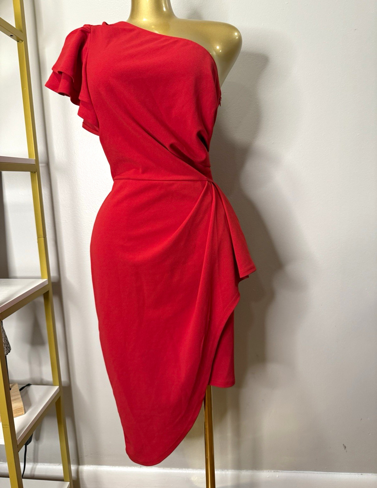 BTEB Red One-Shoulder Asymmetric Midi Sheath Dress Solid Ruffle Size S