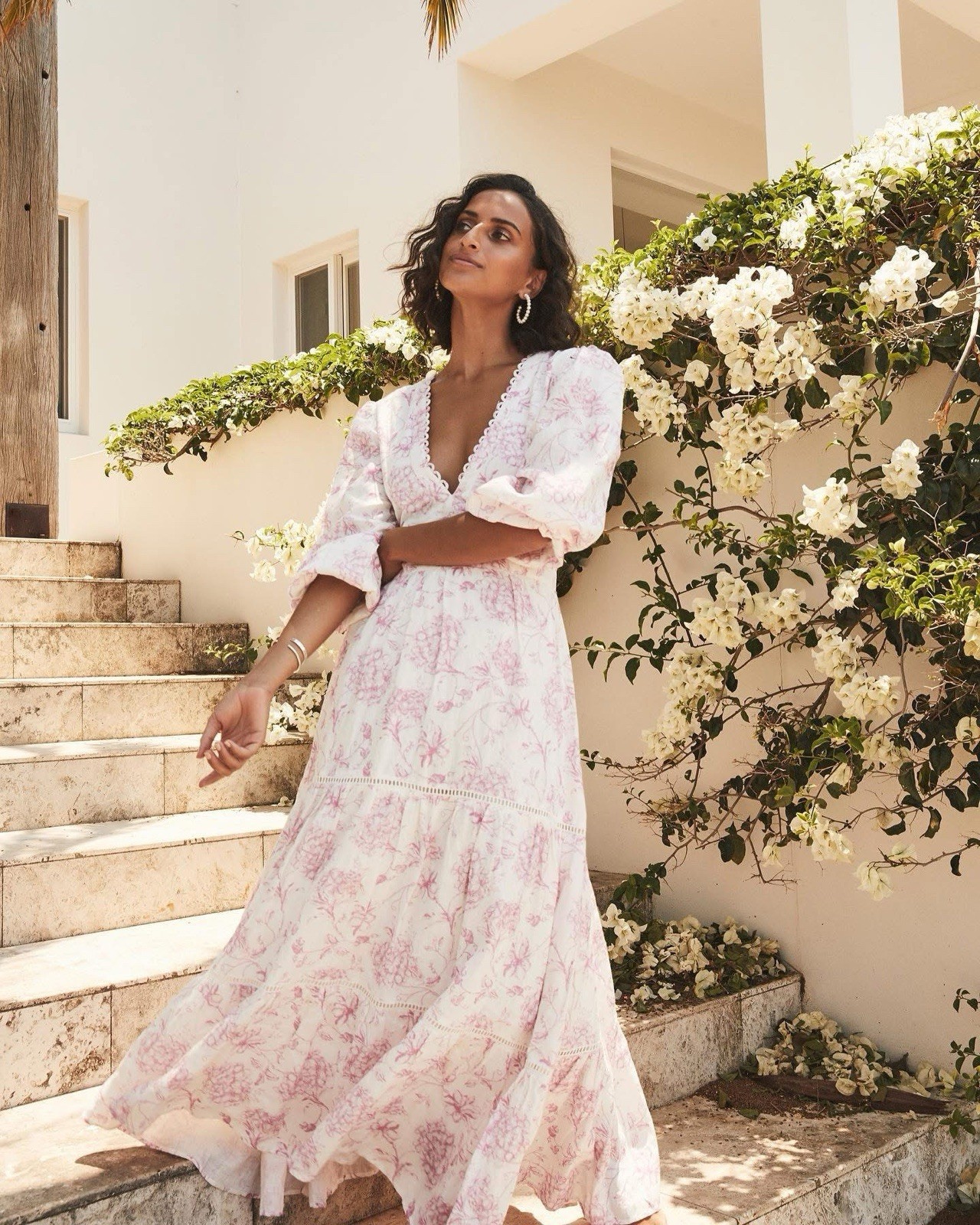 Palm Noosa Dress AU 10 US 6 Kloof Street Pink White Floral Linen Maxi V Neck