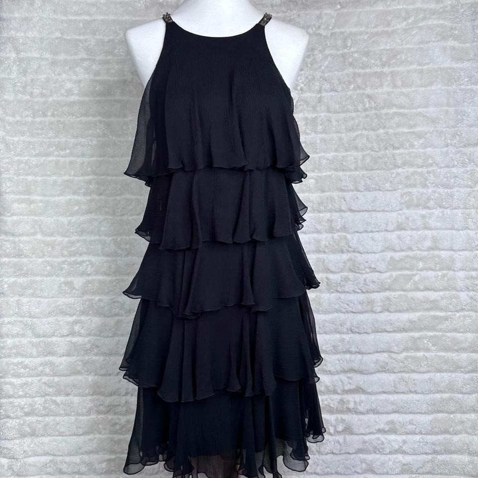 BCBGMAXAZRIA Black Beaded Halter Tiered Ruffle Silk Chiffon Cocktail Dress XS