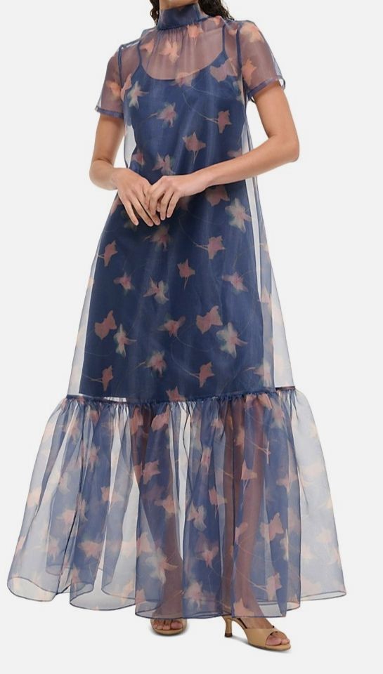 Staud Women’s Blue Calluna Floral Chiffon Lined Sheer Organza Maxi Dress Size XL