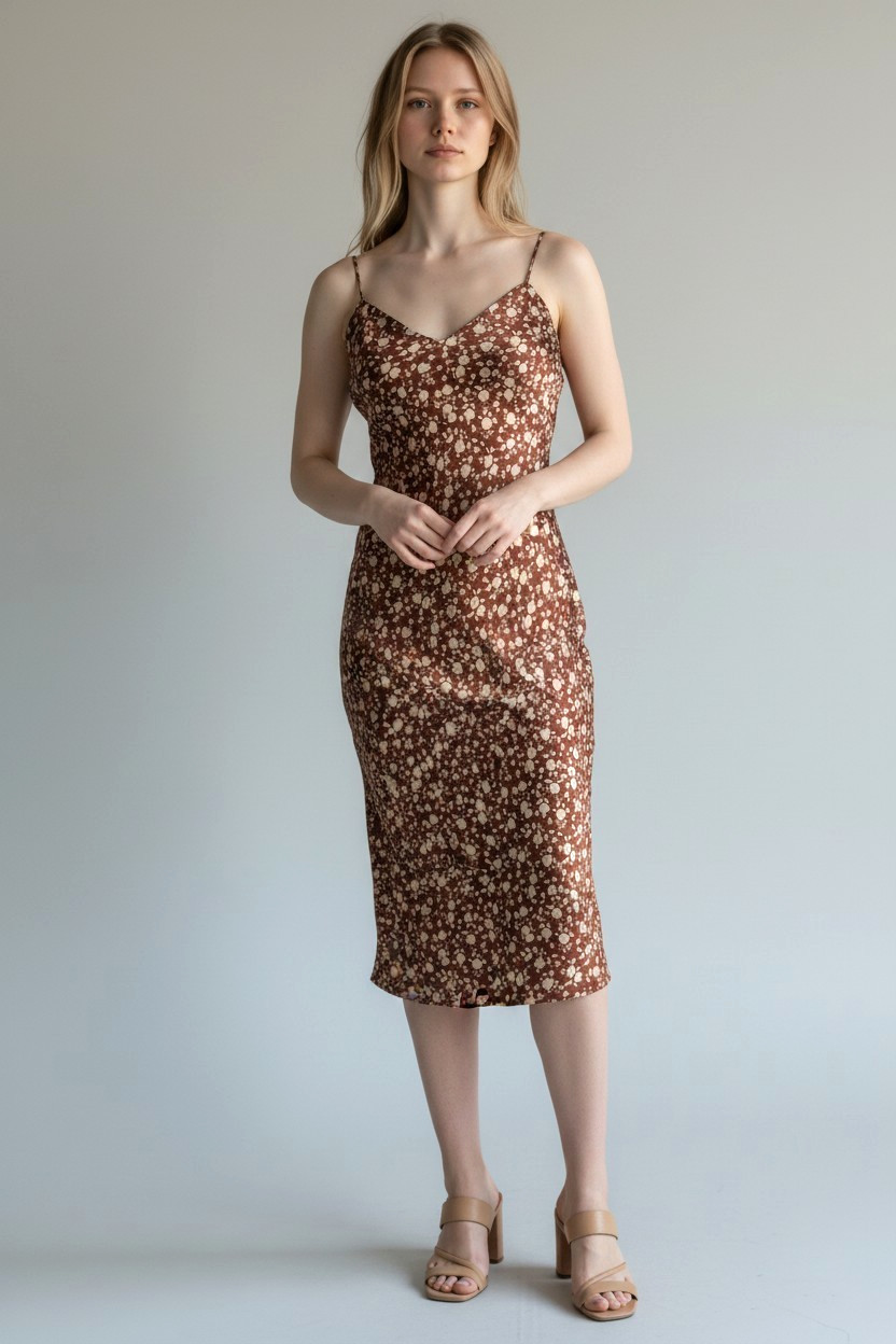 Nili Lotan Brown Floral 100% Silk Midi Slip Dress Women’s Small Cami Luxury