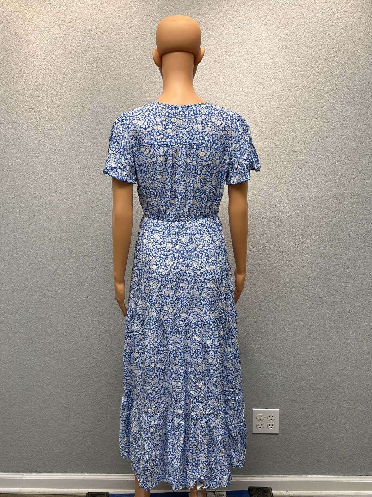 Seta T Women’s V Neck Split Hem Short Sleeve Floral Maxi Sundress Blue Small
