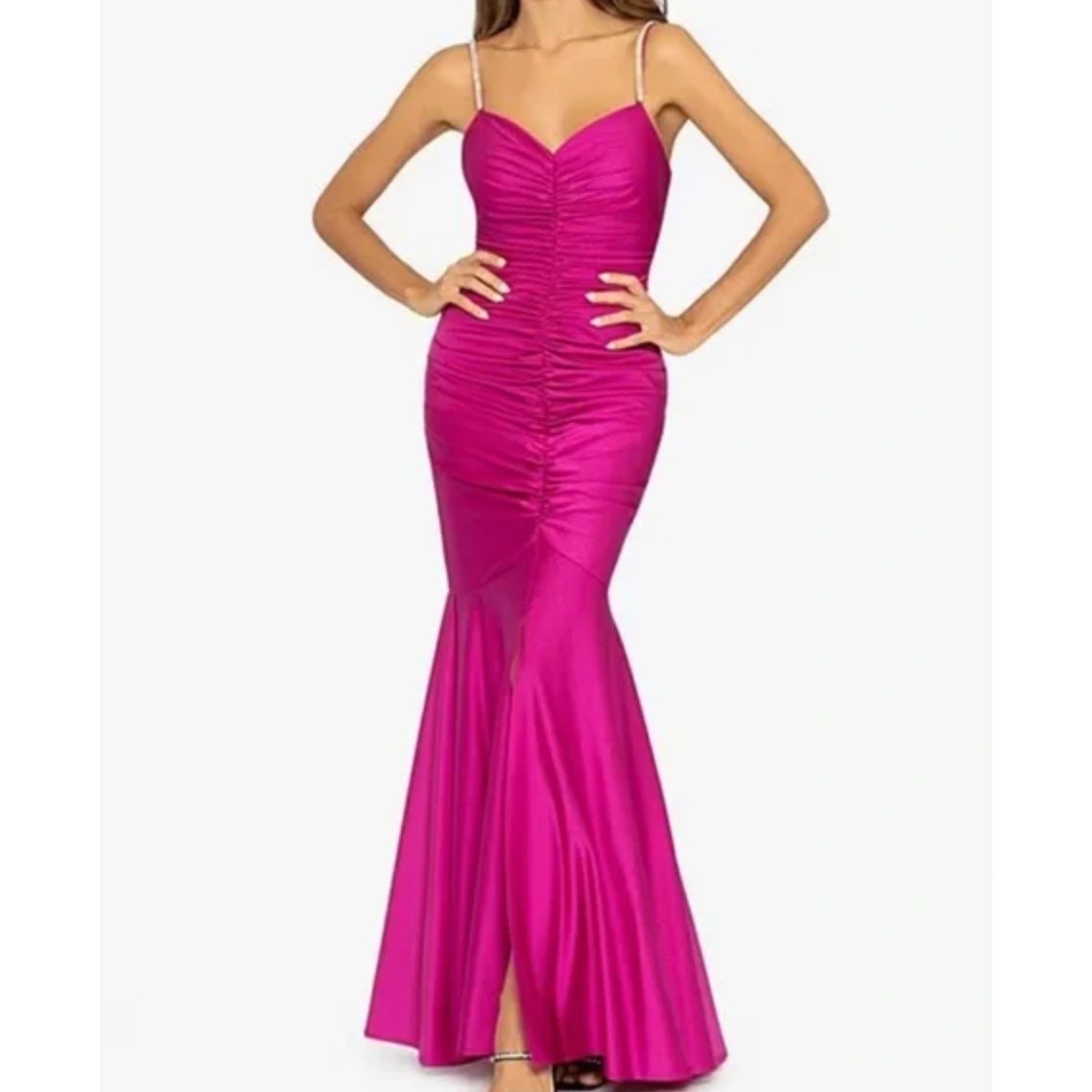 XSCAPE Rhinestone Strap Ruched Seam Sleeveless Gown Pink Formal Stretch US 2 NWT