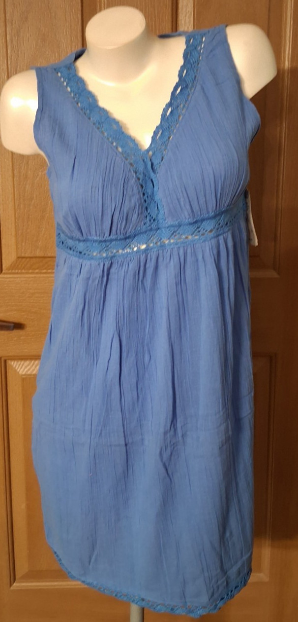 Cypress Blue Dress Crinkle Cotton and Lace Sleeveless V-Neck Misses Small NWT