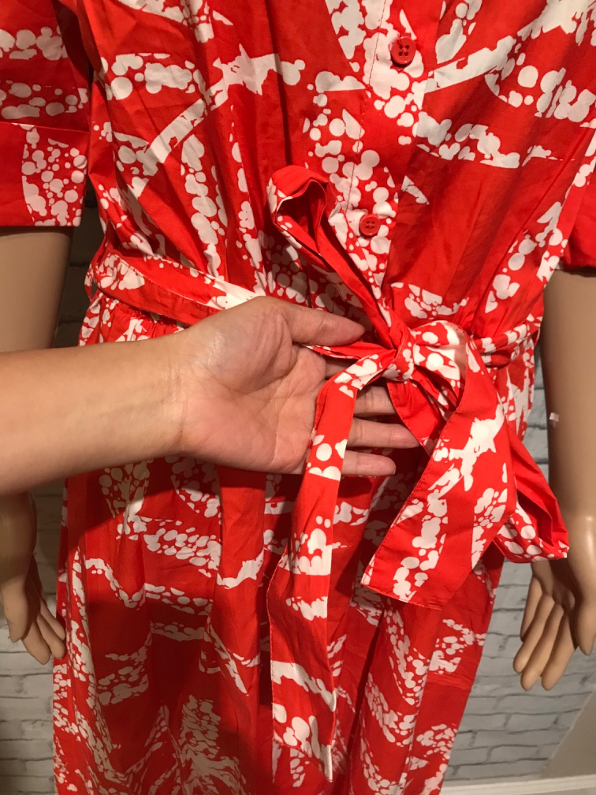NWT$129, DKNY, 14, Orange/White 100% Cotton Leaf Print 1/2 Sleeves Long Dress