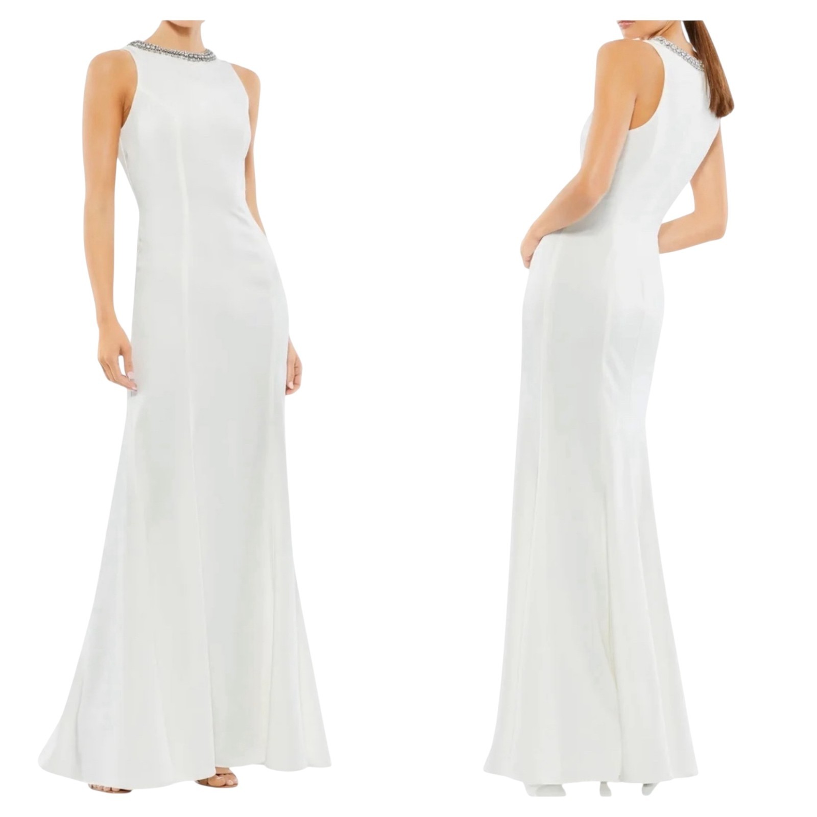 Mac Duggal White Beaded Neckline Gown Dress Size 8 NWT Style 49093 Formal