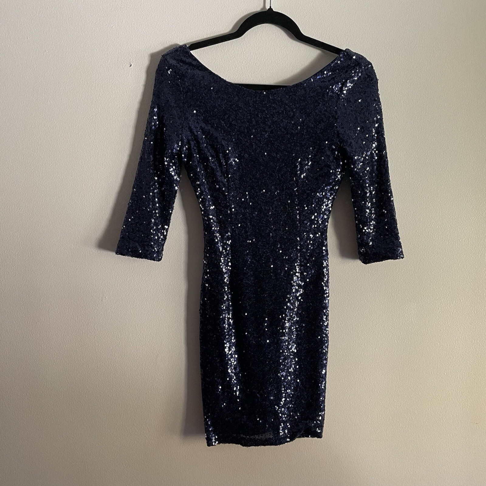 Lulus Women XS Navy Blue Sequin Scoop Back 3/4 Sleeve Delightful Ways Mini Dress