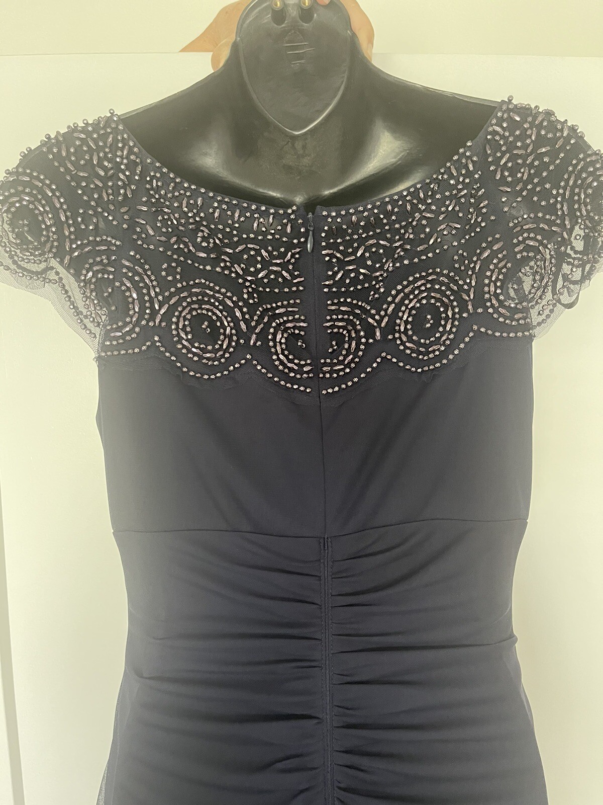 xscape Beaded Yoke, Cap Sleeve, Round Neck, Ruched Cascade Ruffle Side Gown