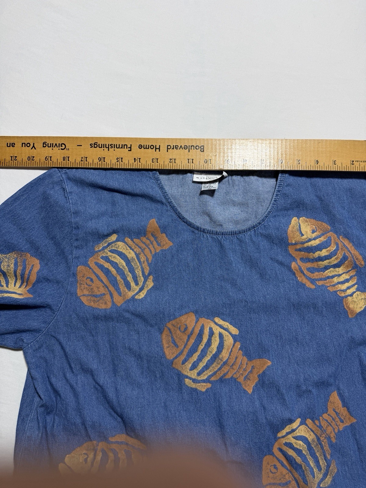Match Point USA Vintage Denim Shift Dress XL Gold Fish Seashell Print Pockets