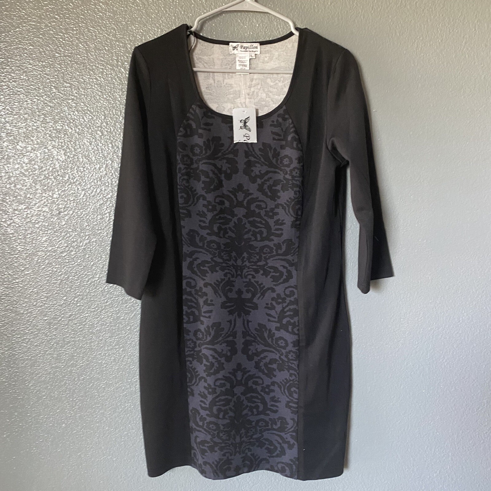 NEW Papillon Nordstrom L Soft Knit Shift Dress Black Gray Round Neck Pullover