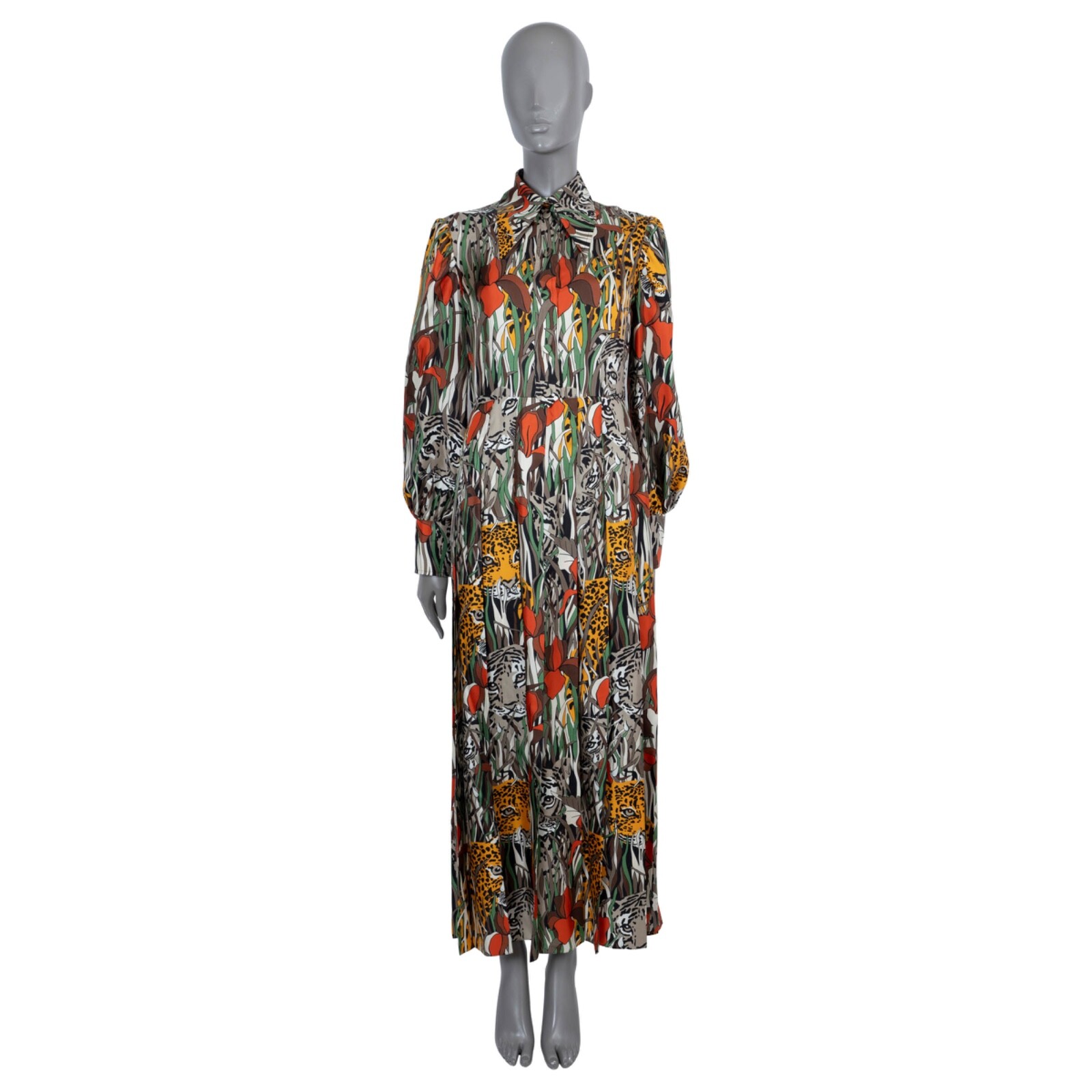 70302 auth GUCCI multicoloured silk 2019 FELINE GAREN MAXI Dress 42 M
