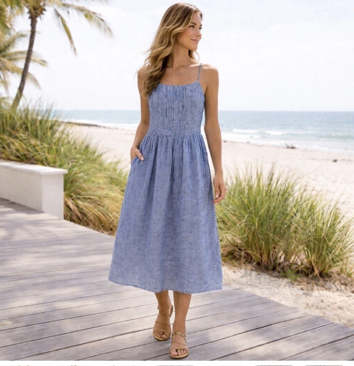 Cremieux Womens Gingham Sundress 8 Blue White Cotton Midi Coastal Preppy Summer