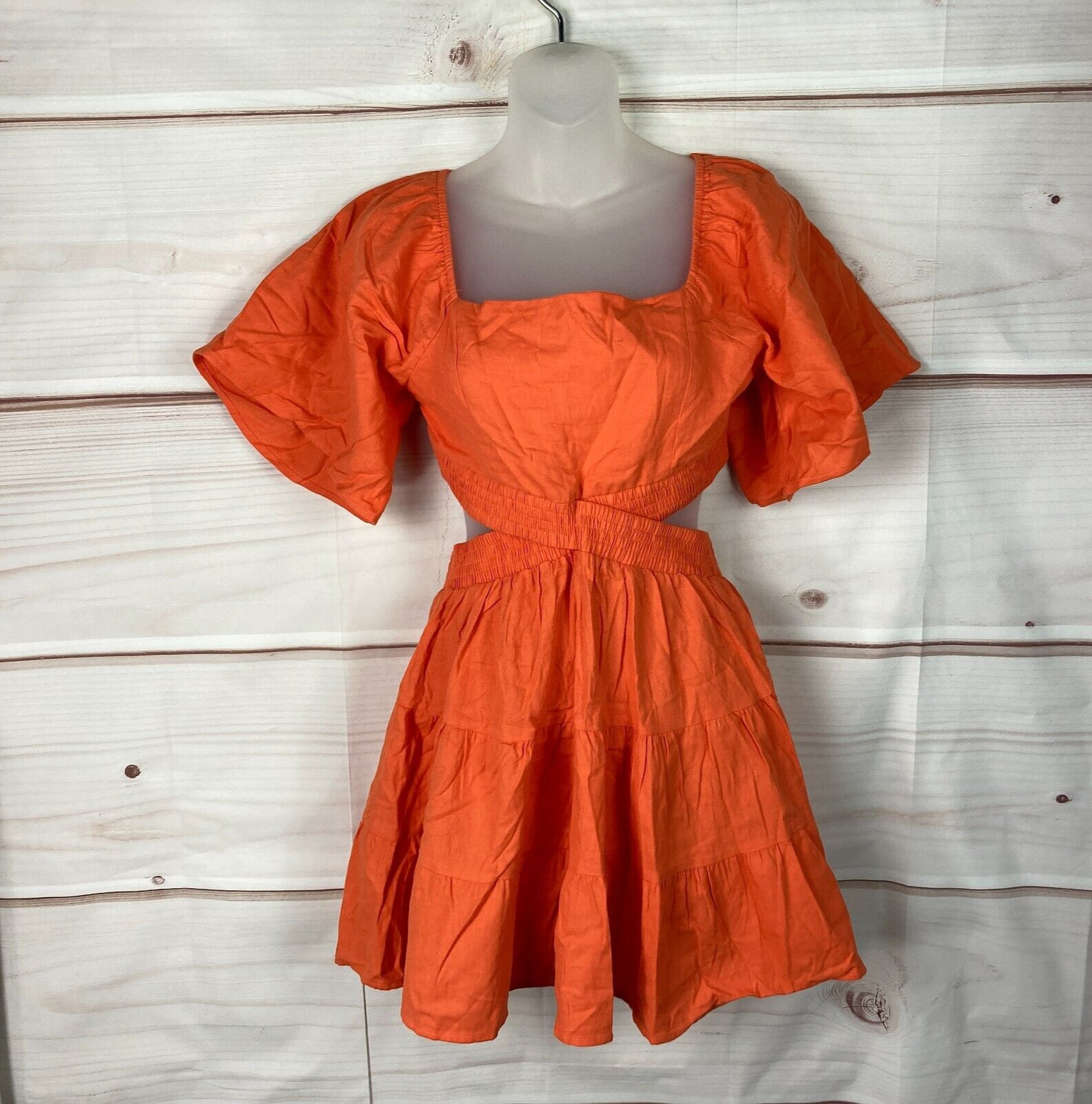 Shy Velvet Dress Womens S Orange Cut Out Mini Puff Sleeve Elastic Waist Cotton